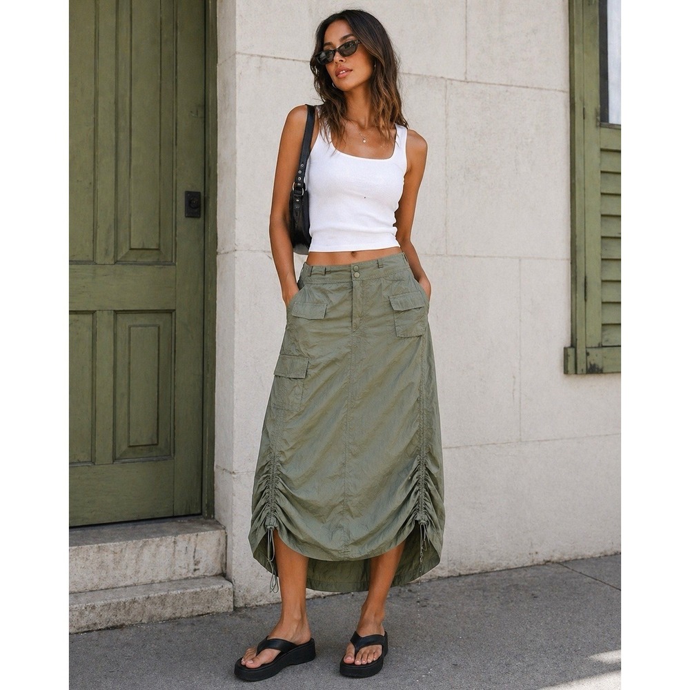 Y2K Ruched Utility Midi Skirt Parachute L Olive Green Drawstring Lagenlook USA